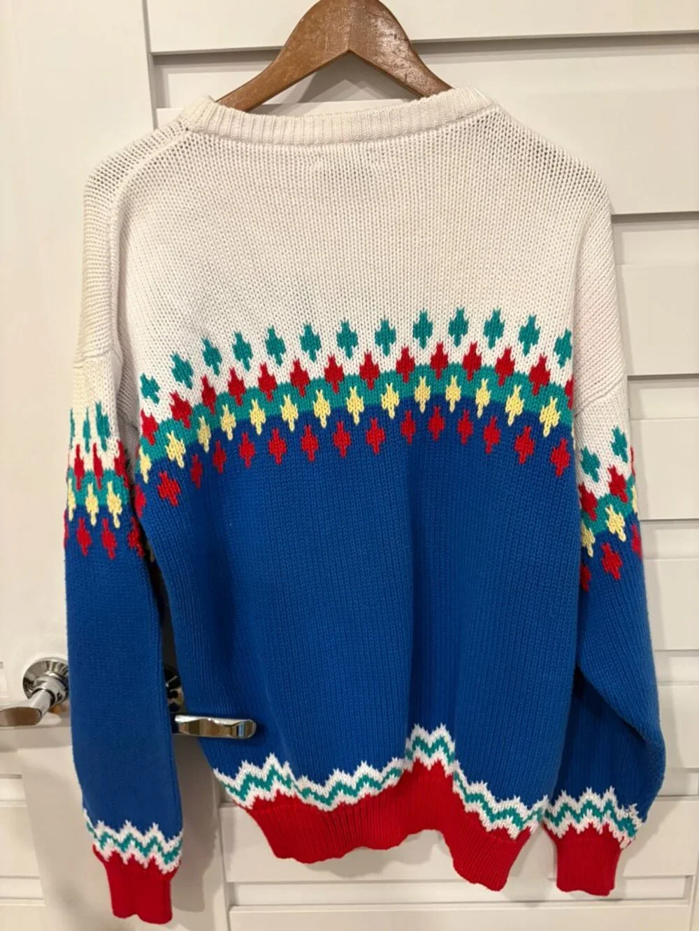 IZOD Vintage Fair Isle Cotton Sweater Blue Red Geometric Ski Crewneck Men’s L